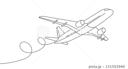 Flying plane.Airplane line drawing.Air flights.Vacation banner.Vector illustration . 131503940