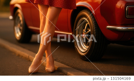 Elegant Feminine Legs in Polka Dot Skirt Beside Vintage Red Muscle Car at Golden Sunset 131504169