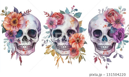 Skulls with flowers. Hand drawn watercolor illustration isolated on white background. 131504220