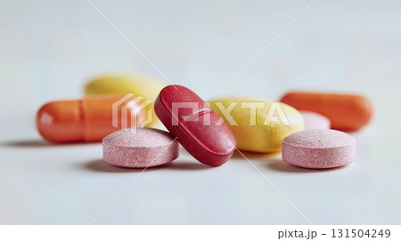 Assorted colorful pills and vitamins on white background. Assorted colorful pills and vitamins on white background. 131504249