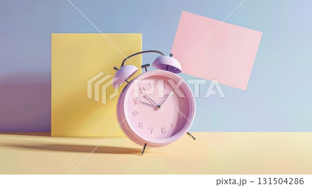 Pink alarm clock on colorful pastel background with yellow and pink panels. 131504286