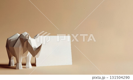 Geometric origami rhino figure with empty white card on beige background. 131504290