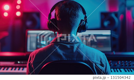 A music producer in a recording studio wearing headphones, focused on a mixing console and computer screens. A high-tech audio production concept A music producer in a recording studio wearing headphones, focused on a mixing console and computer screens. A high-tech audio production concept 131504342