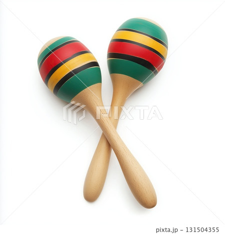 A pair of traditional wooden maracas with colorful hand-painted patterns, isolated on a white background A pair of traditional wooden maracas with colorful hand-painted patterns, isolated on a white background 131504355