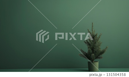 Small potted pine tree in front of a solid green background 131504358
