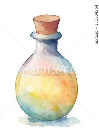 A pastel watercolor bottle with a soft gradient of blue and yellow, sealed with a cork 131504364