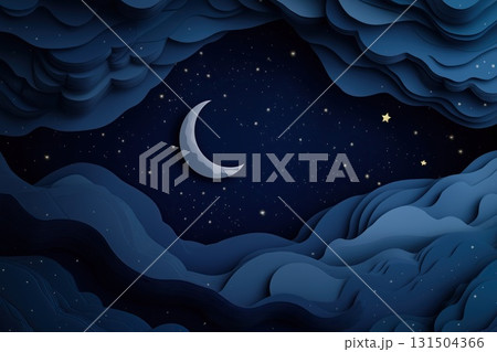 A dreamy night sky illustration with a crescent moon and stars, surrounded by layered paper-like clouds in deep blue tones 131504366