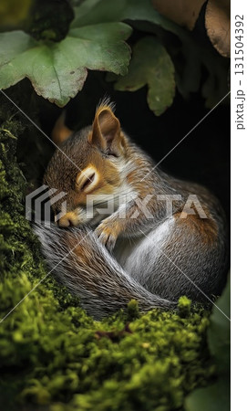 Cute little squirrel sleeping in a nest of autumn leaves, selective focus 131504392