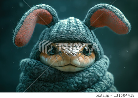 Cute snake dressed in a knitted hat with bunny ears and a scarf. 131504419