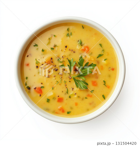 A bowl of vegetable soup with fresh herbs, isolated on a white background A bowl of vegetable soup with fresh herbs, isolated on a white background 131504420