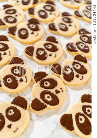 Overhead view of a batch of panda cookies with completed chocolate icing designs for the Chocolate Royal Icing Recipe. Each cookie features a cute panda face, giving a uniform and adorable look. Overhead view of a batch of panda cookies with completed chocolate icing designs for the Chocolate Royal Icing Recipe. Each cookie features a cute panda face, giving a uniform and adorable look. 131504443