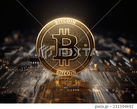 暗い背景に輝きを放つビットコインの象徴的イメージ 暗い背景に輝きを放つビットコインの象徴的イメージ 131504692