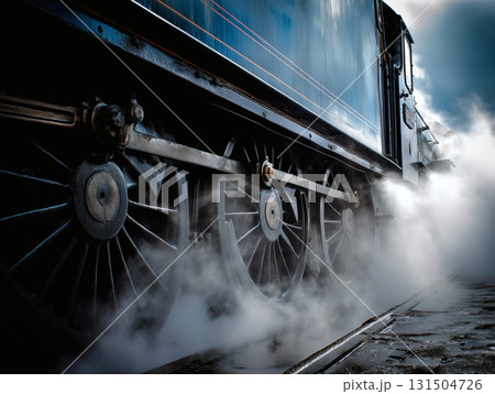 蒸気を上げ力強く走るクラシック蒸気機関車の大きな車輪 131504726