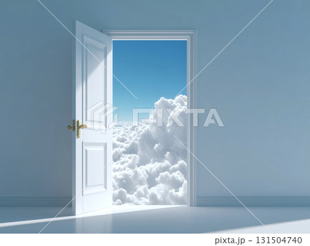 開いたドアの向こうに広がる幻想的な雲と青空の風景 131504740