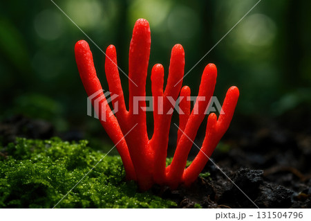 Vivid Poison Fire Coral Fungus Emerging from Mossy Forest Floor Vivid Poison Fire Coral Fungus Emerging from Mossy Forest Floor 131504796