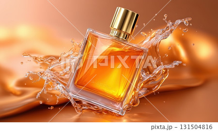 Elegant Perfume Bottle with Golden Cap and Dynamic Liquid Splash Elegant Perfume Bottle with Golden Cap and Dynamic Liquid Splash 131504816