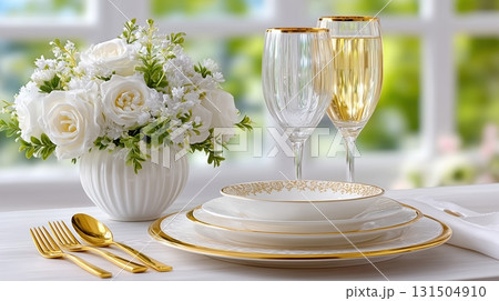 Elegant table setting with white flowers, gold-rimmed plates, and champagne glasses for a luxurious celebration. 131504910