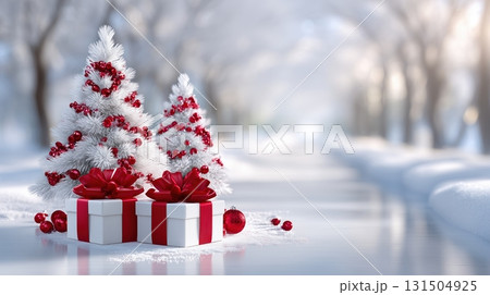 Festive winter scene with white Christmas trees, red ornaments, and gift boxes on snow. 131504925