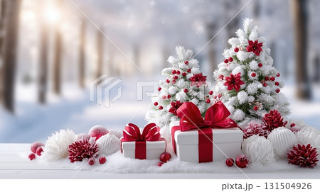 Festive Winter Wonderland Christmas Scene with Snowy Trees, Gifts, and Red Decorations 131504926
