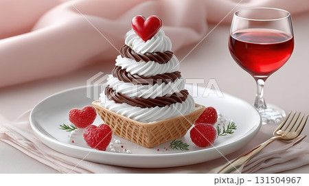 Elegant Swirl Dessert with Heart, Raspberries, and Red Wine 131504967