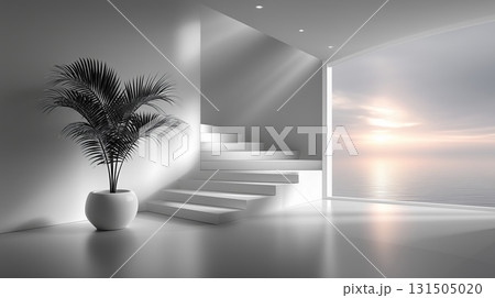 Minimalist Interior with Floating Staircase, Ocean View, and Palm Plant 131505020