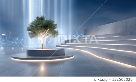 Modern urban oasis with illuminated tree and futuristic architecture overlooking a vibrant cityscape at night. 131505026