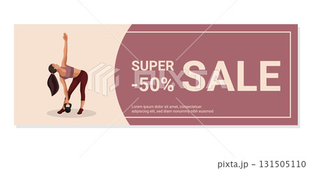 A faceless fitness woman stretches to the side while holding a kettlebell, promoting a sale event focused on health and wellness. A faceless fitness woman stretches to the side while holding a kettlebell, promoting a sale event focused on health and wellness. 131505110