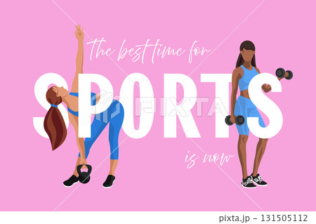 Two faceless women engage in fitness activities, promoting the message to get active and embrace sports in a vibrant, colorful setting. Two faceless women engage in fitness activities, promoting the message to get active and embrace sports in a vibrant, colorful setting. 131505112