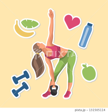 A faceless woman performs a kettlebell stretch in a colorful setting filled with fitness icons representing healthy living and exercise. 131505114
