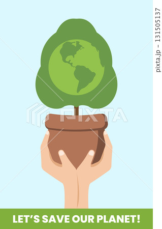 Hands hold a potted tree featuring a globe design, symbolizing environmental conservation and the importance of protecting nature. This illustration promotes awareness for ecological efforts. 131505137