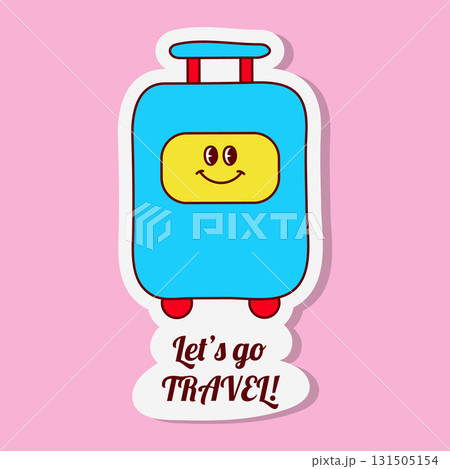 A colorful travel sticker features a blue suitcase with a smiley face and the text Lets go TRAVEL The design evokes a y2k aesthetic. 131505154