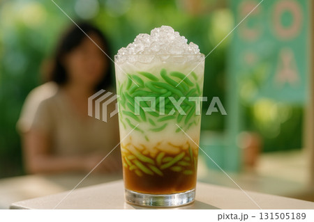 Iced Cendol Dessert in Tall Glass with Shaved Ice 131505189