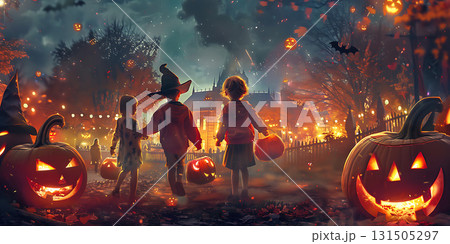 Happy kids at a Halloween pumpkin party background, Happy Halloween - Ai Generated 131505297