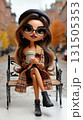 Chic cartoon woman in autumn outfit sipping coffee on a stylish city bench 131505353