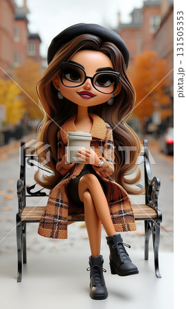 Chic cartoon woman in autumn outfit sipping coffee on a stylish city bench Chic cartoon woman in autumn outfit sipping coffee on a stylish city bench 131505353