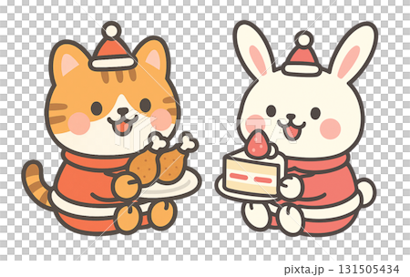 聖誕插圖：身穿聖誕老人服裝（蛋糕和炸雞）的可愛虎斑貓和兔子 131505434