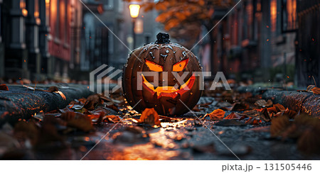 One spooky Halloween pumpkin background, Happy Halloween - Ai Generated 131505446
