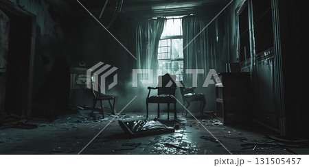 Horror and creepy classroom background, Happy Halloween - Ai Generated 131505457