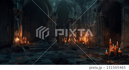 Scary endless medieval catacombs with torches Horror background, Happy Halloween - Ai Generated 131505465