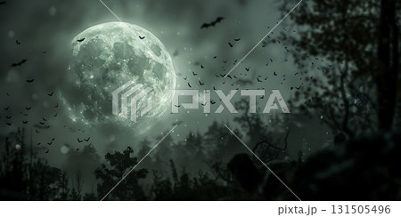 Scary Night with Moon and Bats in Air, Happy Halloween - Ai Generated 131505496