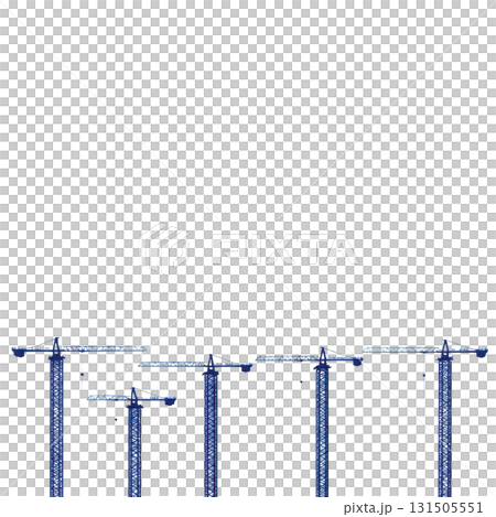 Five tall blue construction cranes stand in row against clear sky, symbolizing progress and development. cranes are aligned, showcasing their towering structures and intricate design 131505551