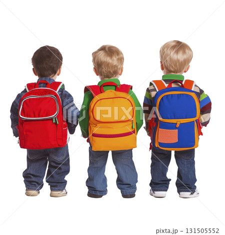 Three young children wearing colorful backpacks stand side by side, facing away. backpacks are red, yellow, and blue, and children are dressed in casual clothing, ready for school Three young children wearing colorful backpacks stand side by side, facing away. backpacks are red, yellow, and blue, and children are dressed in casual clothing, ready for school 131505552