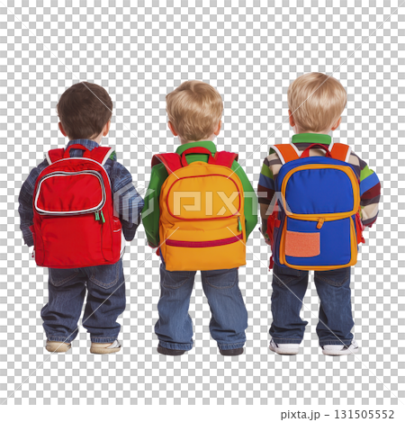 Three young children wearing colorful backpacks stand side by side, facing away. backpacks are red, yellow, and blue, and children are dressed in casual clothing, ready for school 131505552