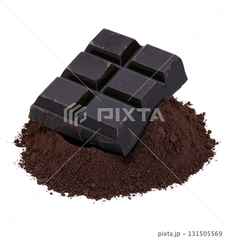 piece of dark chocolate rests on pile of cocoa powder, showcasing rich textures and deep brown hues. combination highlights essence of chocolate making piece of dark chocolate rests on pile of cocoa powder, showcasing rich textures and deep brown hues. combination highlights essence of chocolate making 131505569