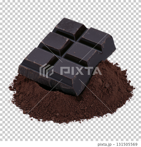 piece of dark chocolate rests on pile of cocoa powder, showcasing rich textures and deep brown hues. combination highlights essence of chocolate making piece of dark chocolate rests on pile of cocoa powder, showcasing rich textures and deep brown hues. combination highlights essence of chocolate making 131505569