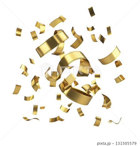 Golden confetti ribbons are joyfully floating in air, creating festive and celebratory atmosphere. shiny metallic texture of ribbons adds touch of elegance and excitement to scene 131505579