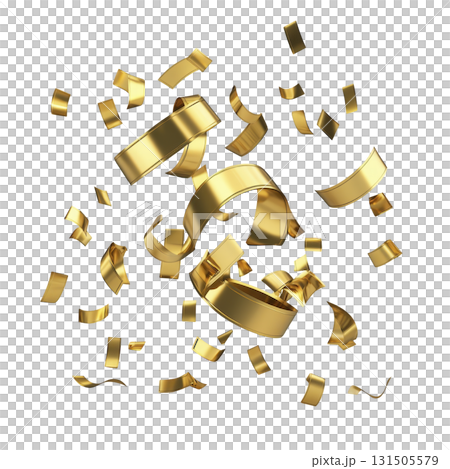 Golden confetti ribbons are joyfully floating in air, creating festive and celebratory atmosphere. shiny metallic texture of ribbons adds touch of elegance and excitement to scene 131505579