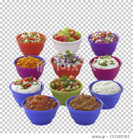 colorful assortment of various dips and salads in vibrant bowls, featuring fresh ingredients like tomatoes, cucumbers, and herbs, creating visually appealing and appetizing display colorful assortment of various dips and salads in vibrant bowls, featuring fresh ingredients like tomatoes, cucumbers, and herbs, creating visually appealing and appetizing display 131505581