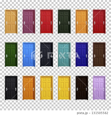 collection of colorful doors in various shades, including red, blue, green, and purple, arranged in grid pattern. Each door features classic panel design and silver handle collection of colorful doors in various shades, including red, blue, green, and purple, arranged in grid pattern. Each door features classic panel design and silver handle 131505582