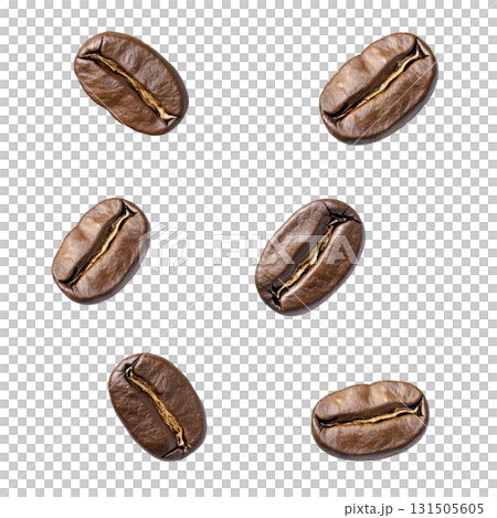Roasted coffee beans are scattered against transparency background, showcasing their rich brown color and textured surface. beans are arranged random pattern, highlighting their natural shape Roasted coffee beans are scattered against transparency background, showcasing their rich brown color and textured surface. beans are arranged random pattern, highlighting their natural shape 131505605